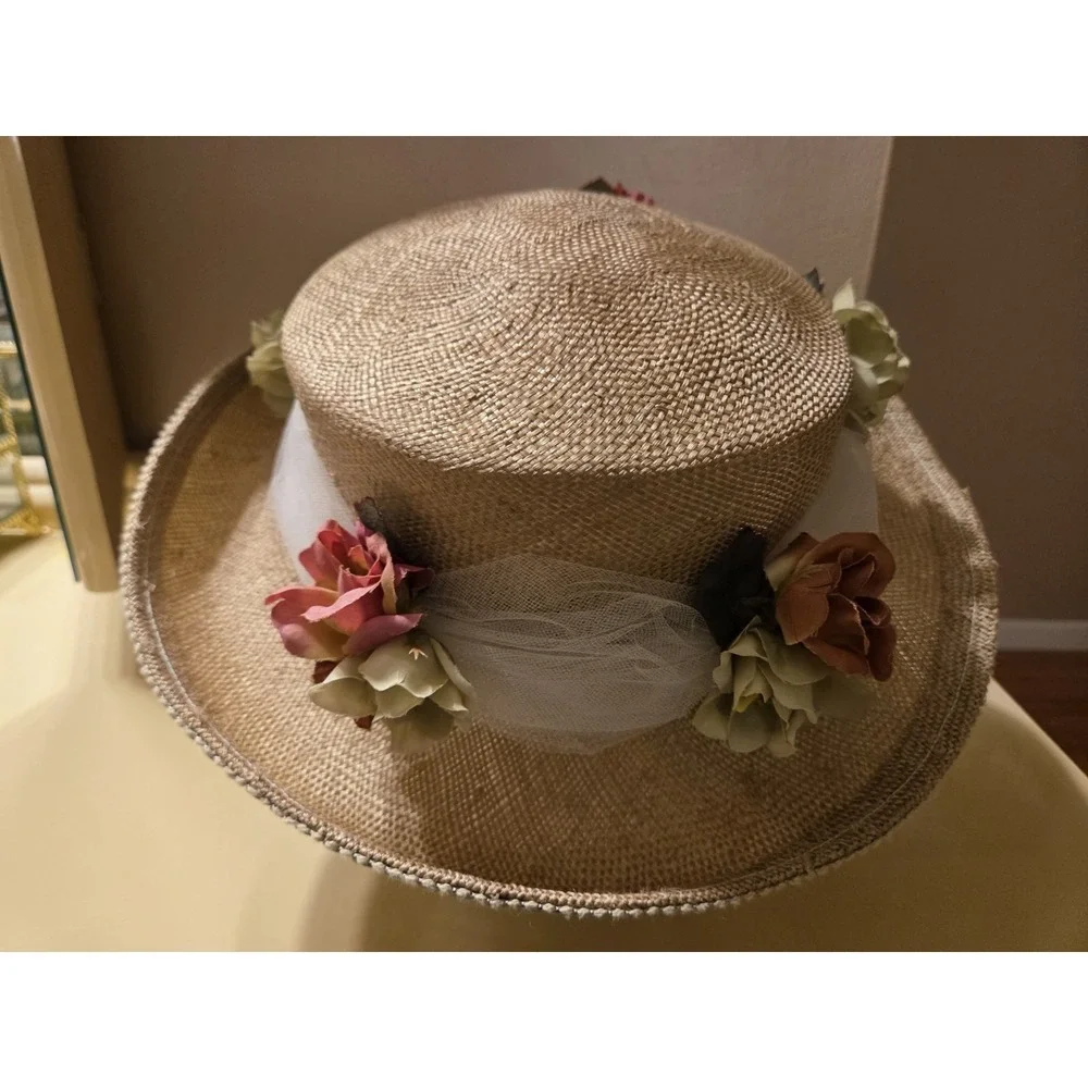 Deborah Rhodes Mocha Wide Brim Hat Sinamay Floral Derby Church Wedding 22.5